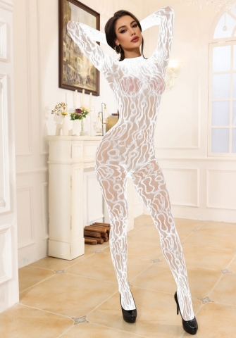 (White)2024 Styles Women Embroidered Sheer Long-Sleeve Stocking-Bodysuit