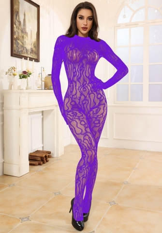 (Purple)2024 Styles Women Embroidered Sheer Long-Sleeve Stocking-Bodysuit