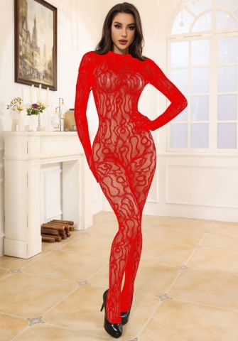 (Red)2024 Styles Women Embroidered Sheer Long-Sleeve Stocking-Bodysuit