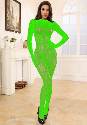 (Green)2024 Styles Women Embroidered Sheer Long-Sleeve Stocking-Bodysuit