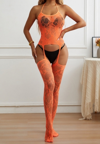 (Orange)2024 Styles Women Crisscross Neck Floral Lace Bodysuit Stockings with Sheer Fabric and Suspender Straps
