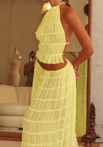 (Real Image)2024 Styles Women Sensational Lace Halter Neck Gown Set with Open Back and Ruffles