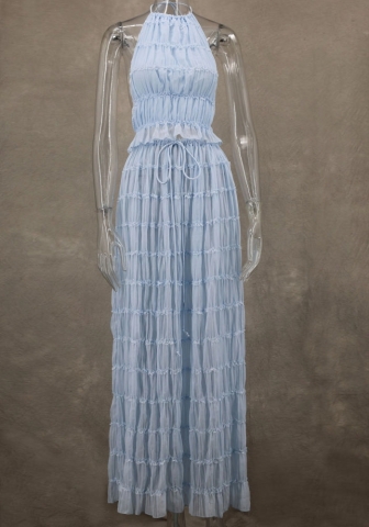 (Real Image)2024 Styles Women Sensational Lace Halter Neck Gown Set with Open Back and Ruffles