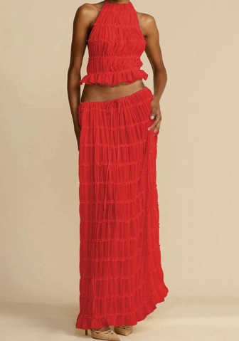 (Real Image)2024 Styles Women Sensational Lace Halter Neck Gown Set with Open Back and Ruffles