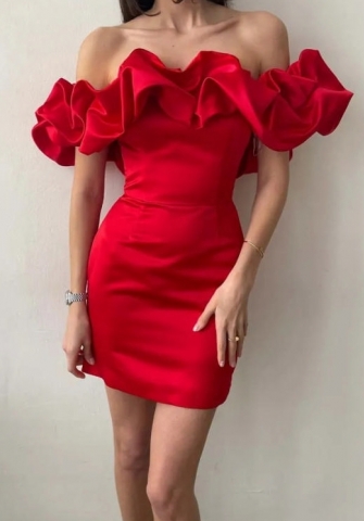 (Real Image)2024 Styles Women Solid-Color Halter Neck Ruffle Dress with Sweetheart Choker Detail