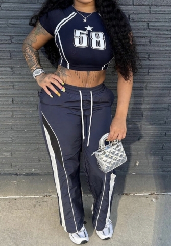 (Only Tops)2024 Styles Women Letter Print Round Neck Fitted Crop Top with Stretchy Material