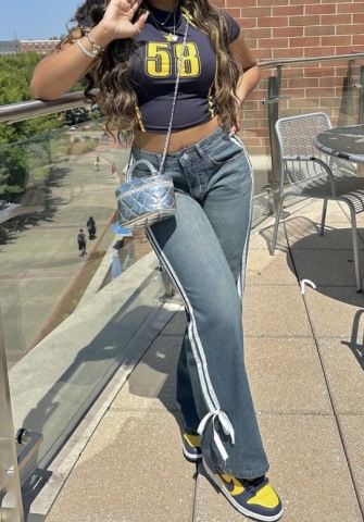 (Only Tops)2024 Styles Women Letter Print Round Neck Fitted Crop Top with Stretchy Material