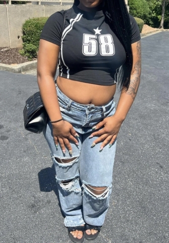 (Only Tops)2024 Styles Women Letter Print Round Neck Fitted Crop Top with Stretchy Material