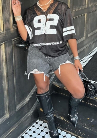 (Only Tops)2024 Styles Women Stylish Relaxed Casual Lace-Trimmed V-Neck Short Sleeve T-Shirt