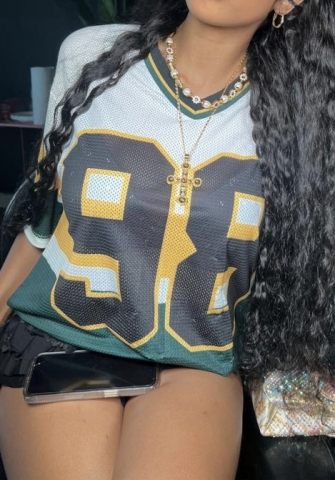 (Only Tops)2024 Styles Women Stylish V-Neck Loose Fit Number Print Sports Jersey T-Shirt