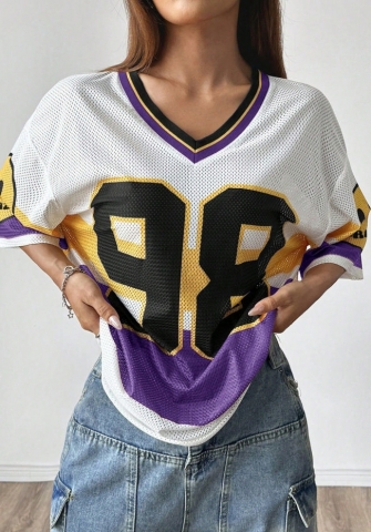 (Only Tops)2024 Styles Women Stylish V-Neck Loose Fit Number Print Sports Jersey T-Shirt