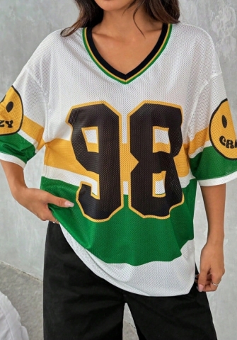 (Only Tops)2024 Styles Women Stylish V-Neck Loose Fit Number Print Sports Jersey T-Shirt