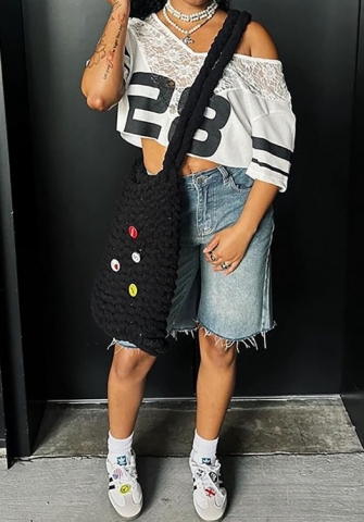 (Only Tops)2024 Styles Women Printed V-Neck Lace Sexy Loose Short T-Shirt