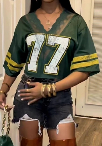 (Only Tops)2024 Styles Women Printed V-Neck Lace Sexy Loose Short T-Shirt