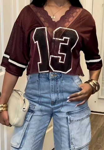 (Only Tops)2024 Styles Women Printed V-Neck Lace Sexy Loose Short T-Shirt