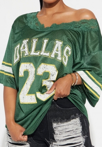 (Only Tops)2024 Styles Women V-Neck Lace-Trimmed Loose Fashion Short Sleeve T-Shirt