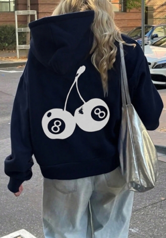 (Blue)2024 Styles Women Autumn/Winter Printed Relaxed Long Sleeve Hooded Sweatshirt with Pockets