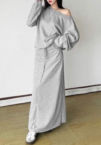 (Real Image)2024 Styles Women Autumn/Winter Off-Shoulder Cropped Hoodie & High-Waist Belted Skirt Set