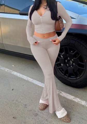 (Khaki)2024 Styles Women Autumn/Winter Sexy Cropped Long Sleeve Hooded Top & Fitted Flare Pants Set