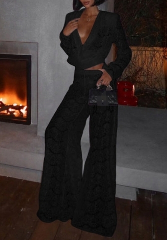 (Black)2024 Styles Women Autumn Sexy Lace Long Sleeve Top & High-Waist Loose Pants Set