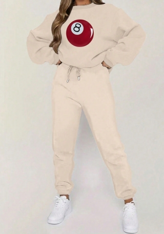 (Khaki)2024 Styles Women Autumn/Winter Fashion Printed Solid Sweatshirt & High-Waist Cuffed Pants Casual Set