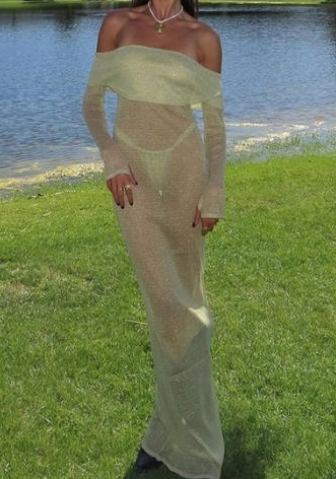 (Green)2024 Styles Women Sexy Sheer Off-Shoulder Maxi Dress with Halter Neckline