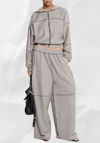 (Gray)2024 Styles Women Autumn/Winter Hooded Long Sleeve Zip-Up Jacket & Relaxed Pants Casual Set