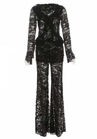 (Real Image)2024 Styles Women Autumn/Winter Sexy Sheer Long Sleeve Cardigan & High-Waist Flared Pants Set