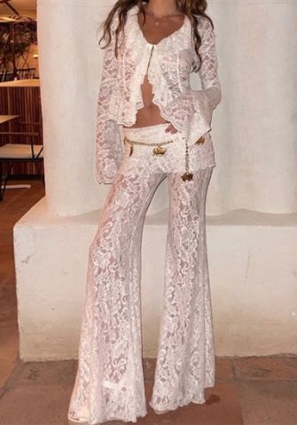 (White)2024 Styles Women Autumn/Winter Sexy Sheer Long Sleeve Cardigan & High-Waist Flared Pants Set