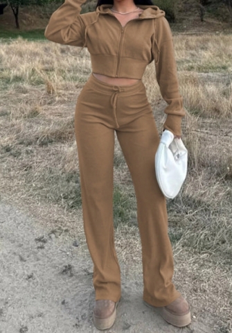 (Khaki)2024 Styles Women Autumn/Winter Fashion Zip-Up Hooded Sweatshirt & Slim Drawstring Sports Pants Set
