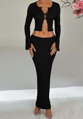 (Black)2024 Styles Women Autumn/Winter Stylish Open-Front Crop Top & High-Waist Pencil Skirt Set