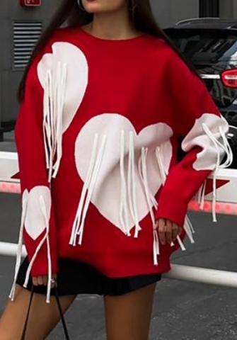 (Real Image)2024 Styles Women Autumn/Winter Long Sleeve Heart Tassel Loose Round Neck Pullover Sweater