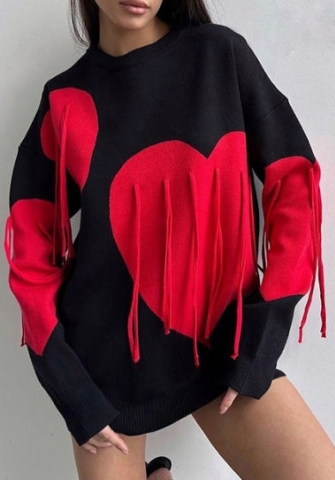 (Black)2024 Styles Women Autumn/Winter Long Sleeve Heart Tassel Loose Round Neck Pullover Sweater