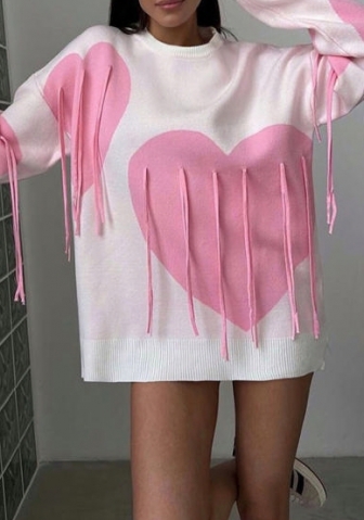 (Pink)2024 Styles Women Autumn/Winter Long Sleeve Heart Tassel Loose Round Neck Pullover Sweater