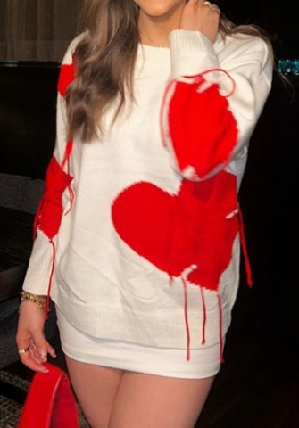 (White)2024 Styles Women Autumn/Winter Long Sleeve Heart Tassel Loose Round Neck Pullover Sweater
