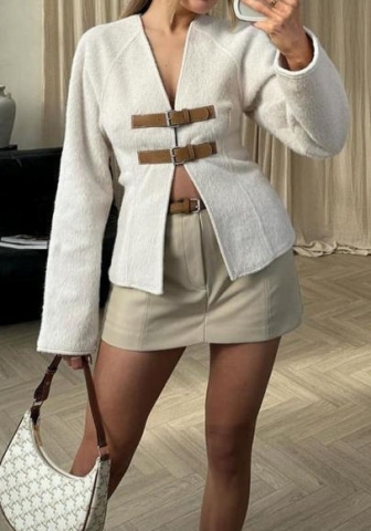 (Real Image,Only Tops)2024 Styles Women Autumn/Winter Wool-Blend Crop Top with Belt Buckle Open Front Long Sleeve Jacket