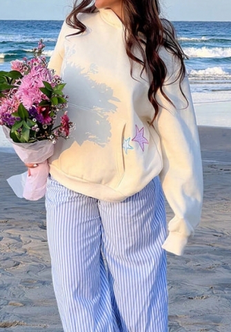 (Apricot,Only Tops)2024 Styles Women Star Patch Embroidered Hooded Sweatshirt