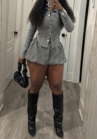 (Real Image)2025 Styles Women Fitted Shirt and Stretch Denim Skirt Set