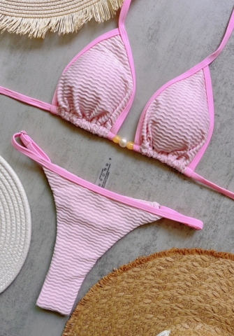 (Real Image)2025 Styles Women Pearl-Trimmed Solid Bikini with Sexy Open Back