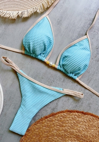 (Real Image)2025 Styles Women Pearl-Trimmed Solid Bikini with Sexy Open Back