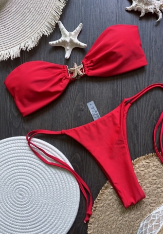 (Real Image)2025 Styles Women Solid Bikini with Star Accents and Sexy Open Back