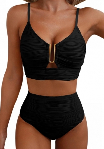 (Black)2025 Styles Women Color-Blocked Ribbed Bikini with Slimming Design