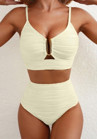 (White)2025 Styles Women Color-Blocked Ribbed Bikini with Slimming Design